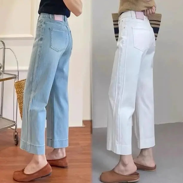 Retro Fashion Solid Color Holiday Denim Straight Pants Women's Summer Large Size High Waist Thin Wide Leg Nine-point Pants