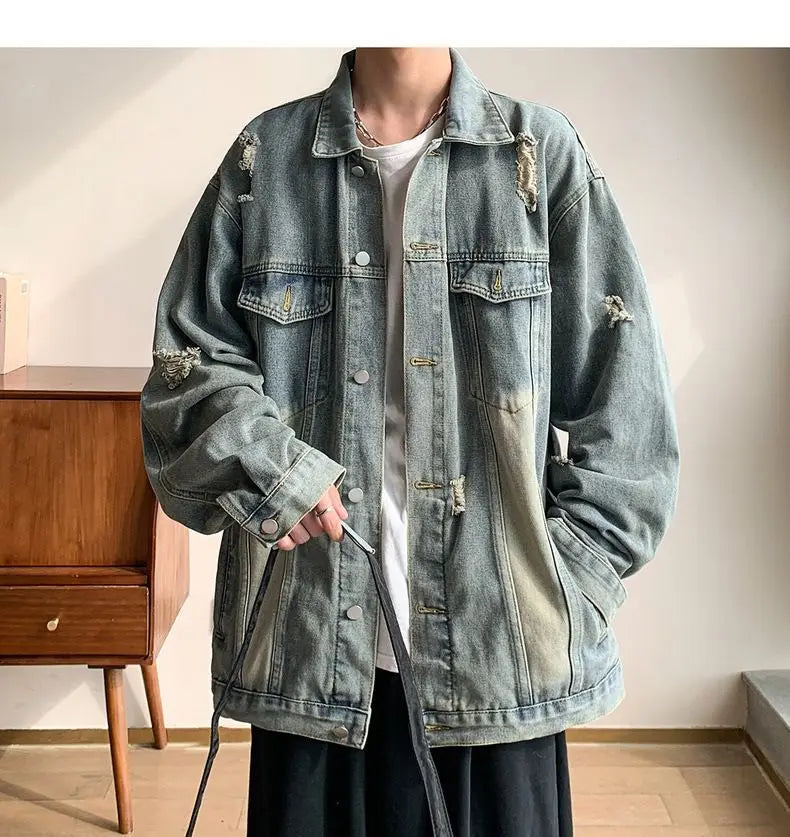 Washed Ripped Denim Jacket Men's 2026 Spring and Autumn Jacket Casual Trend
