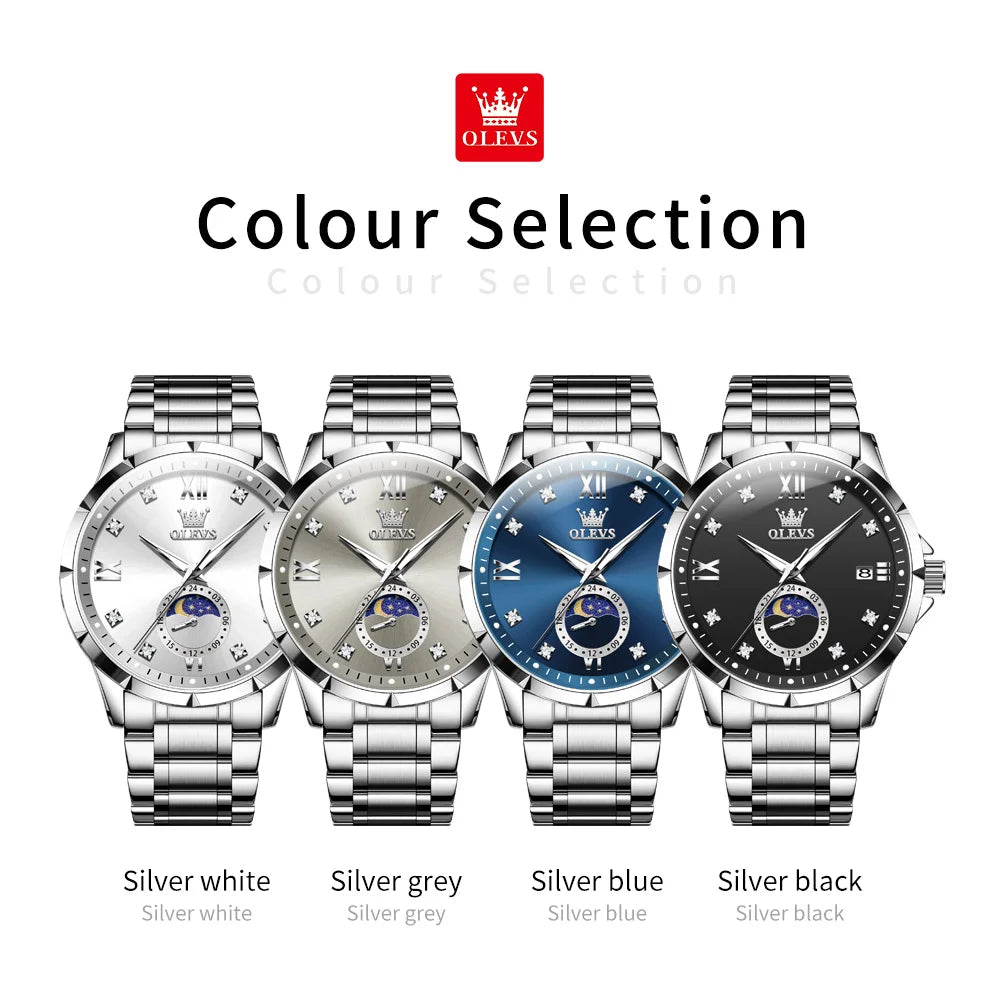 OLEVS 2956 Mens Watch Business Original Quartz Watch Large Dial Waterproof Luminous Automatic Date Moon Phase Watches For Man