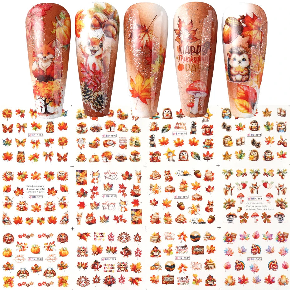 Autumn Maple Leaves Nail Art Stickers Sliders Hedgehog Squirrel  Fall Leaf Turkey Nail Water Transfer Sticker Decal Decorations