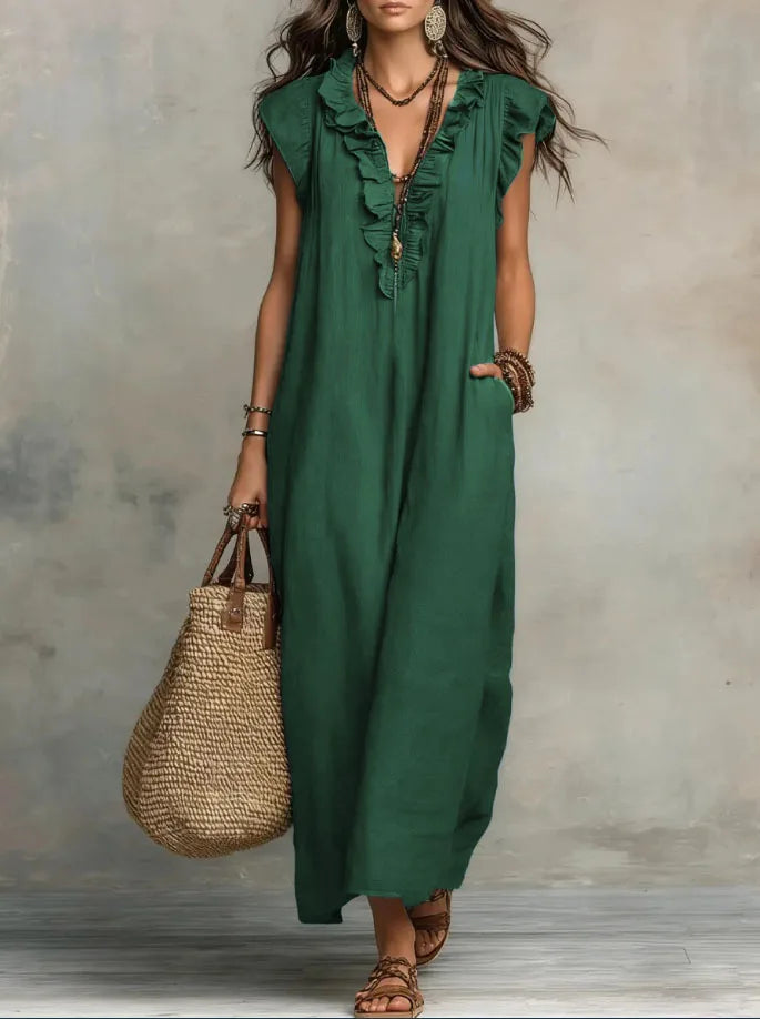 Women Spring Summer Boho Flutter Sleeve Floor Length Maxi Dress Elegant Beach Long Dress