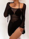 Women's Square Collar Mini Dress Y2K Gauze Long Sleeve Sheer Sexy Night Outfit Clubwear Solid Color