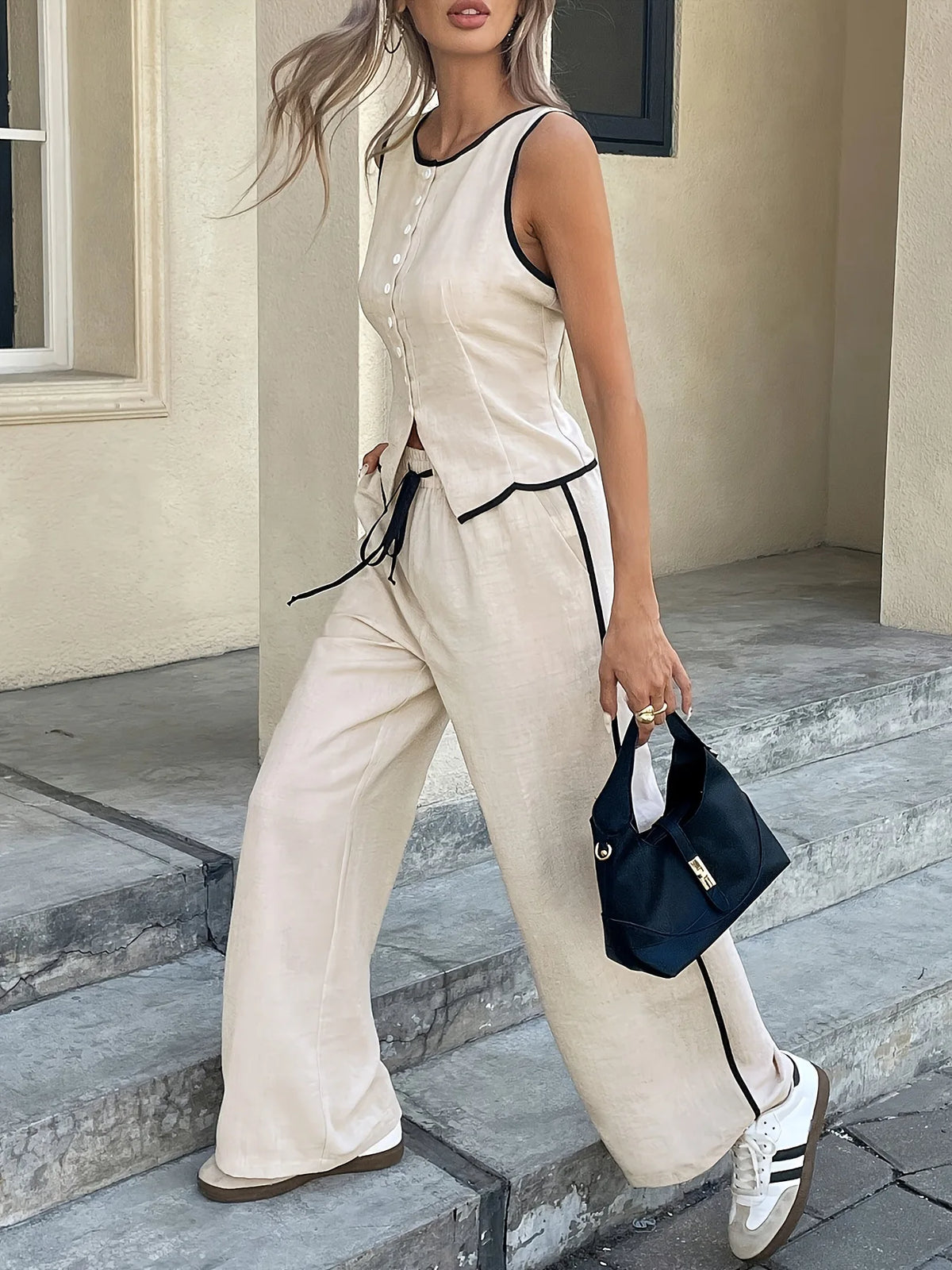 2026 Summer Female Vest Pants Set Solid Sleeveless V-Neck Top High Waist Casual Loose Pant Two-piece Set Office Lady Suit Street