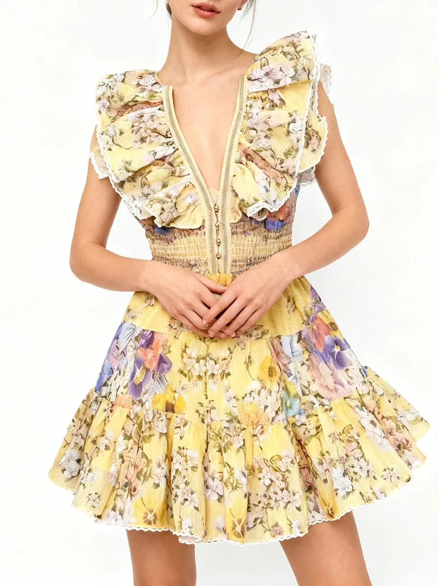 TWOTWINSTYLE Slimming Printing Spliced Ruffles Folds Elegant Dresses for Women V Neck Sleeveless High Waist Dress Female Clothes
