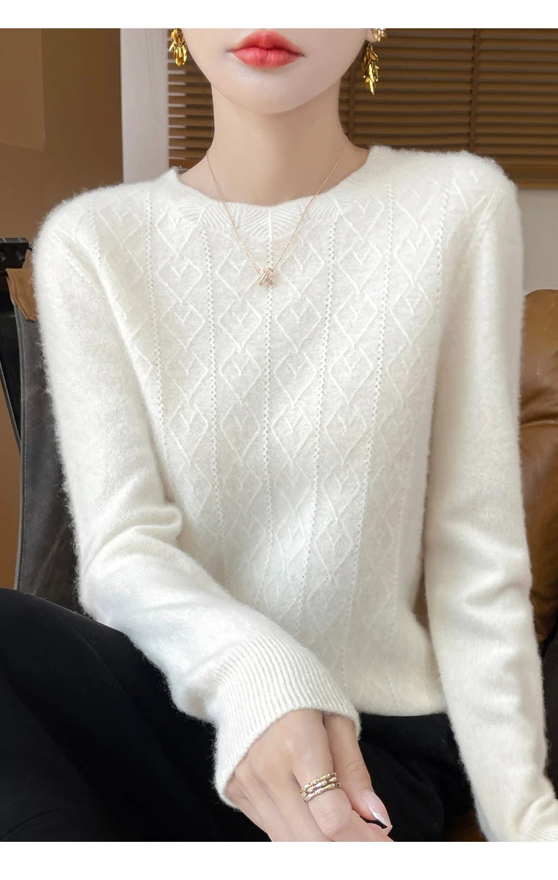 Fall/Winter 2024 New Women's Sweater 100% Pure Wool Lotus Collar Solid Color Loose Knitted Cashmere Pullover