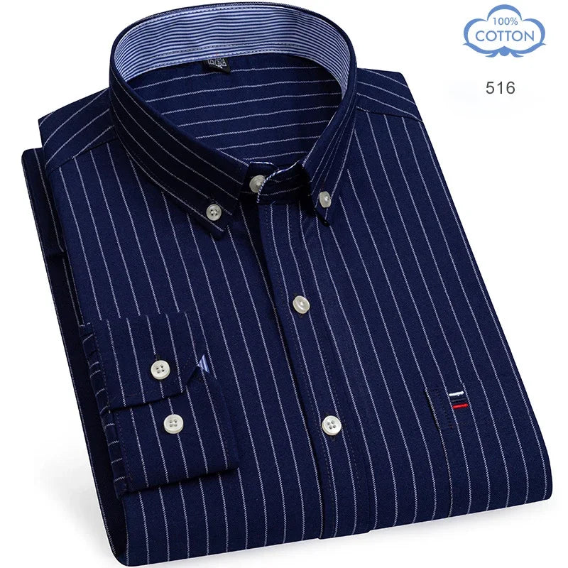 2025 Men's Social Shirt Pure Cotton Oxford Luxury Brand Thin Soft Buttoned Plaid Formal Work Western Clothing