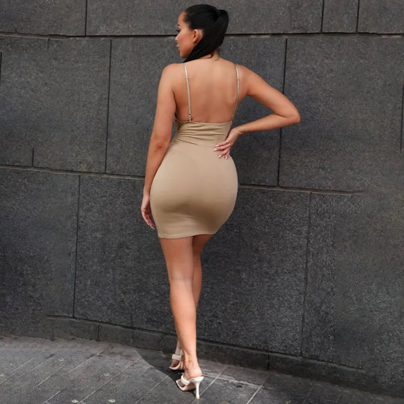 Cross-border Europe and the United States sexy V-neck ring buckle milk silk halter wrap buttock dress