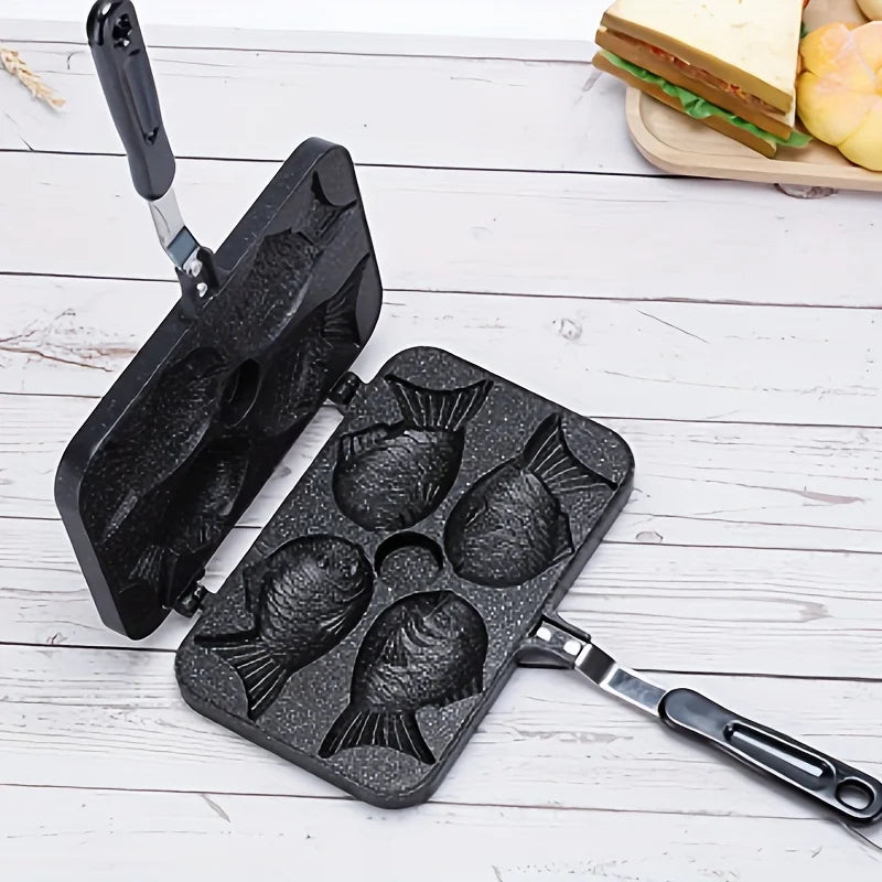 Taiyaki Fish Shape Waffle Maker Aluminum Alloy Double-Sided Uncoated 6-Cavity Mold Pan for Snacks Cakes Non-Stick Surface