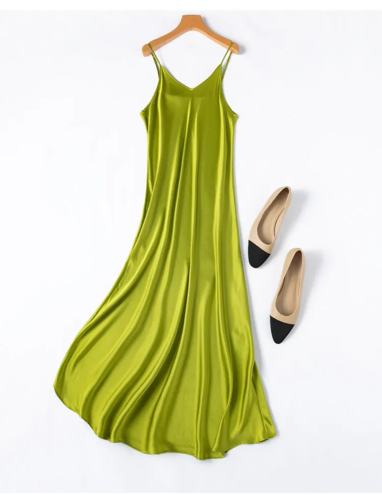 Tcyeek Woman Long Dress, 100%Real Silk, V Neck, Solid Spaghetti Strap Dresses, 2025 Elegant Chic Clothes