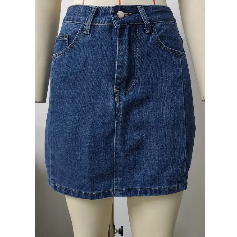 Women Summer Denim Skirts Solid Color Straight Jeans Mini Skirt