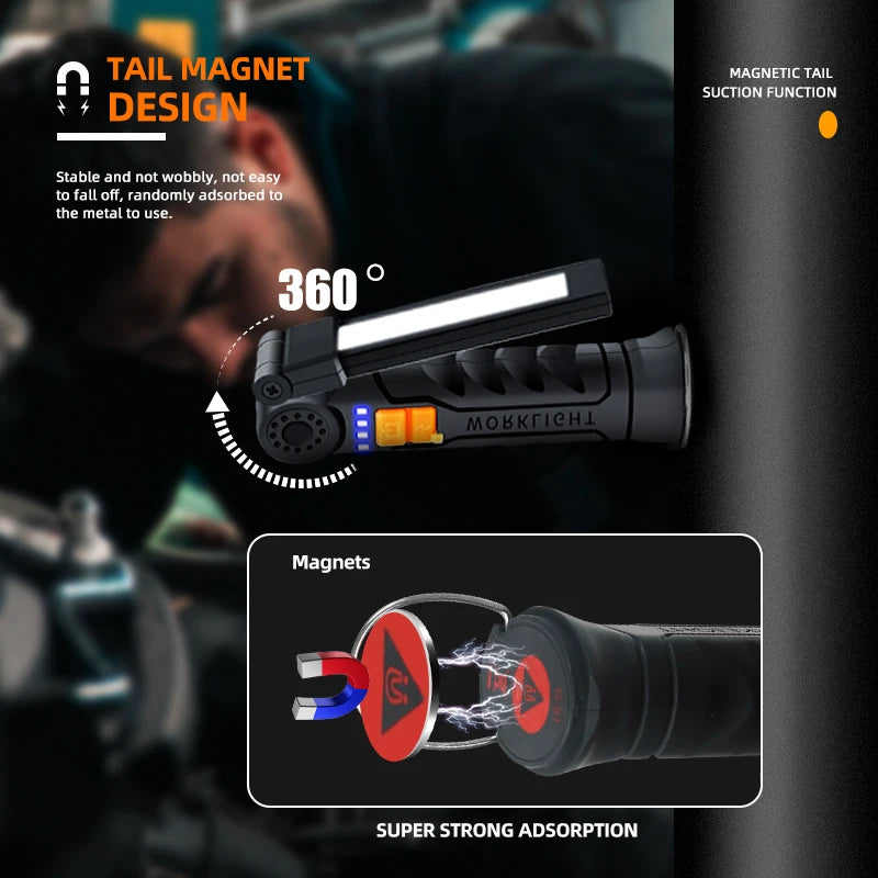 Multifunctional COB LED Flashlight Portable Magnetic Work Light Lantern USB Rechargeable Emergency Repair Camping Torch Lamp