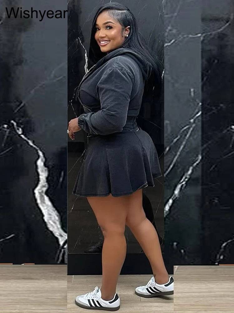 Vintage Wash Denim 2 Piece Sets Women Long Sleeve Hooded Crop Top and Pleated Skirts Suits Streetwear Matching Jeans Outfit 2025