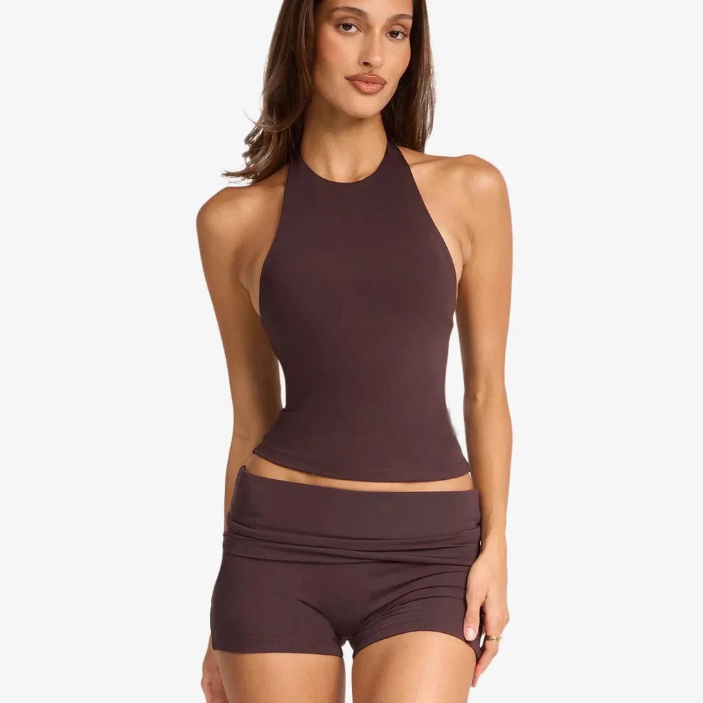 C-B Women Halter Open Back Yoga Tank Top Fold Over Waist Biker Shorts Workout Set for Gym Pilates Training