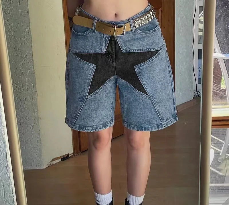 Women's Denim Pant Street Trend Loose Collision Colour Pentagram Appliqué Denim Middle Trousers High Waisted Jeans Pants