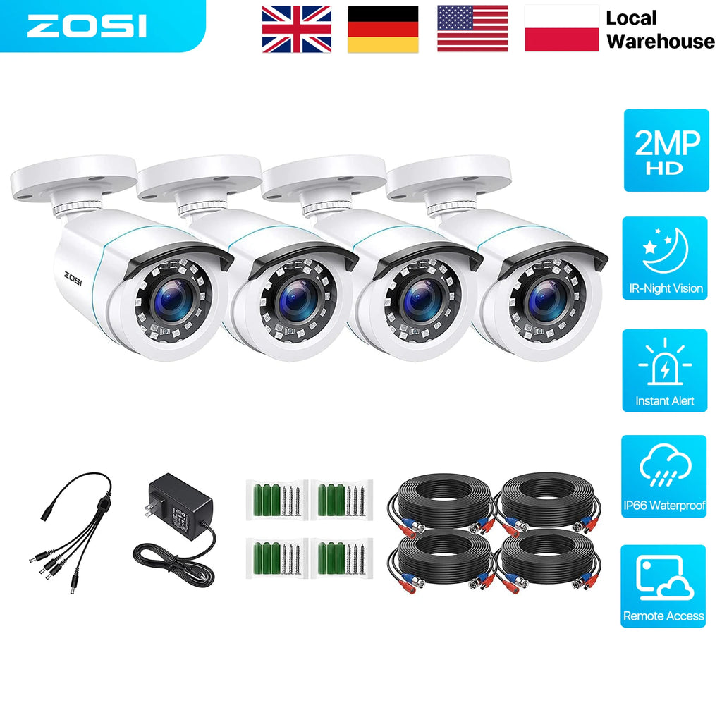 ZOSI 1080P HD TVI Bullet Security Camera Outdoor with 80ft IR Night Vision Motion Detection 2MP HD CCTV Surveillance White 2Pack/4Pack