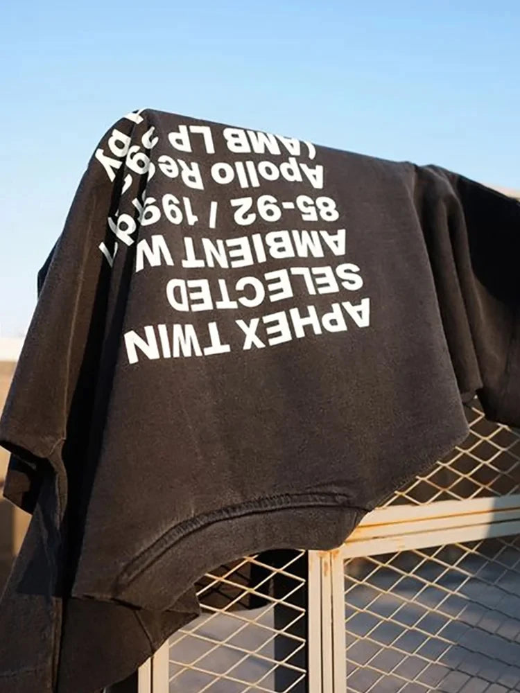 Men T-Shirt Aphex Twin Washed Black Print Short Sleeve Tops Cotton Graphic Oversized Korean Fashion Tees Y2k Streetwear Clothing