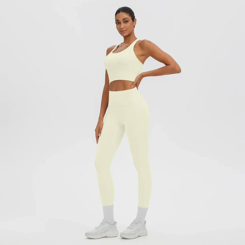 2PCS/set Gym Sports Yoga Suit for Women's Solid Color High Stretch Quick Drying Legging Yoga Pants Gather I-shaped Vest Yoga Set