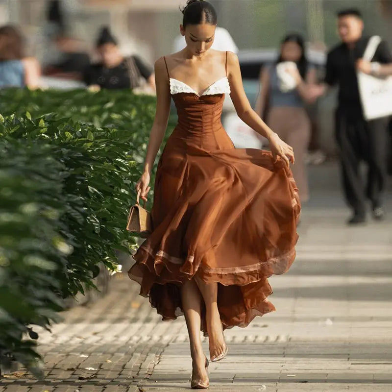 Elegant Pleated Women's Dress Sleeveless Backless Patchwork Waist-Closed Ruffle Hem Sling Maxi Dresses 2026 Summer Female Robe