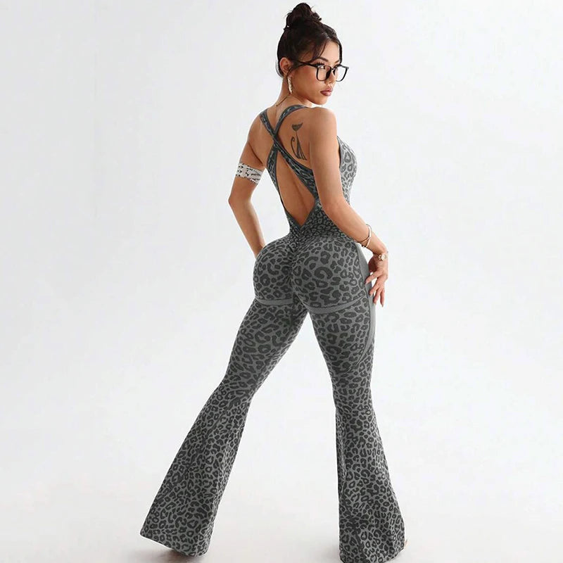 Sexy Backless Leopard Print Jumpsuit Women Slim Hip Lifting Sports Yoga Wear Flared Pants Sports Woman One-Piece Tracksuits Lady