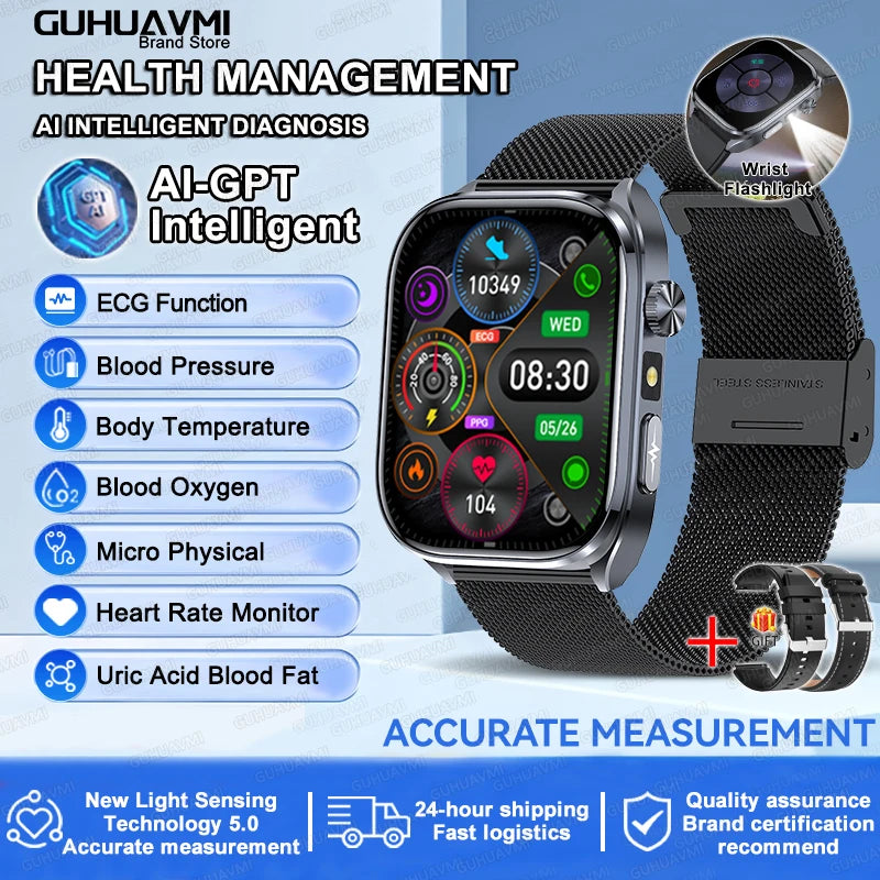 2026 New AI-Diagnosis Care Smartwatch Accurate ECG Uric Acid Lipids Blood Pressure Body Fat IP68 Waterproof Fitness Smartwatch