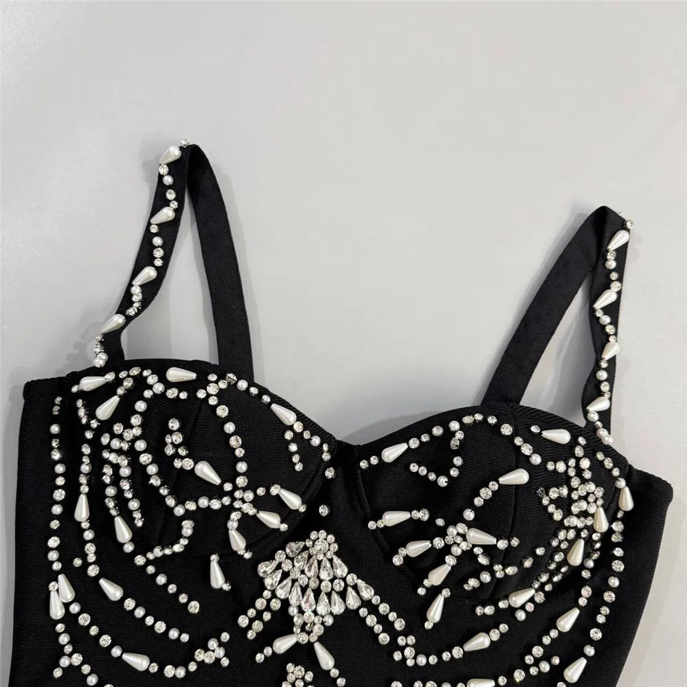 Women Elegant Beading Bandage Dress Spaghetti Strap Bodycon Clothes Club Party Evening Dresses