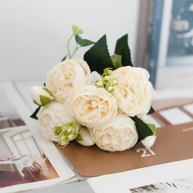 Peony Artificial Flower Exquisite Wedding Bridal Party Bouquets Home Vase Accessories Fake Christmas Table Garden Backdrop Decor