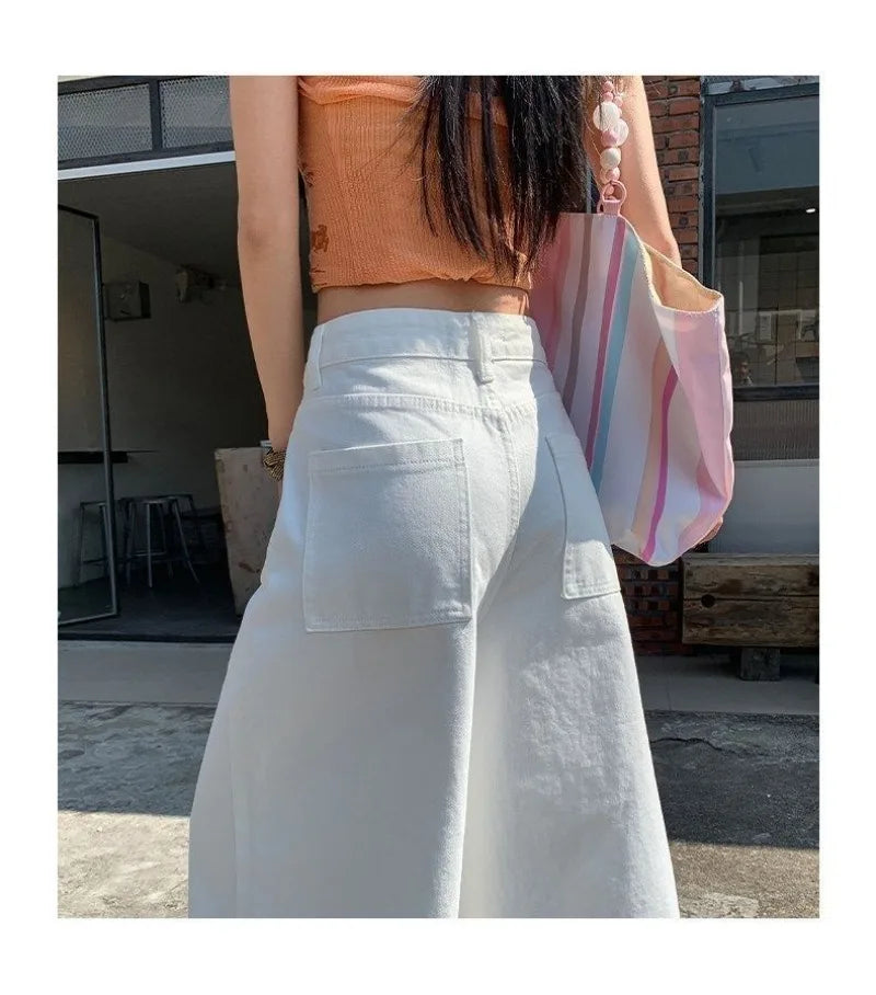 Retro High Waist Wide-leg Jeans Women Summer New Fashion Loose Straight Calf-Length Denim Pants Female Orange Whiter Cowboy Pant