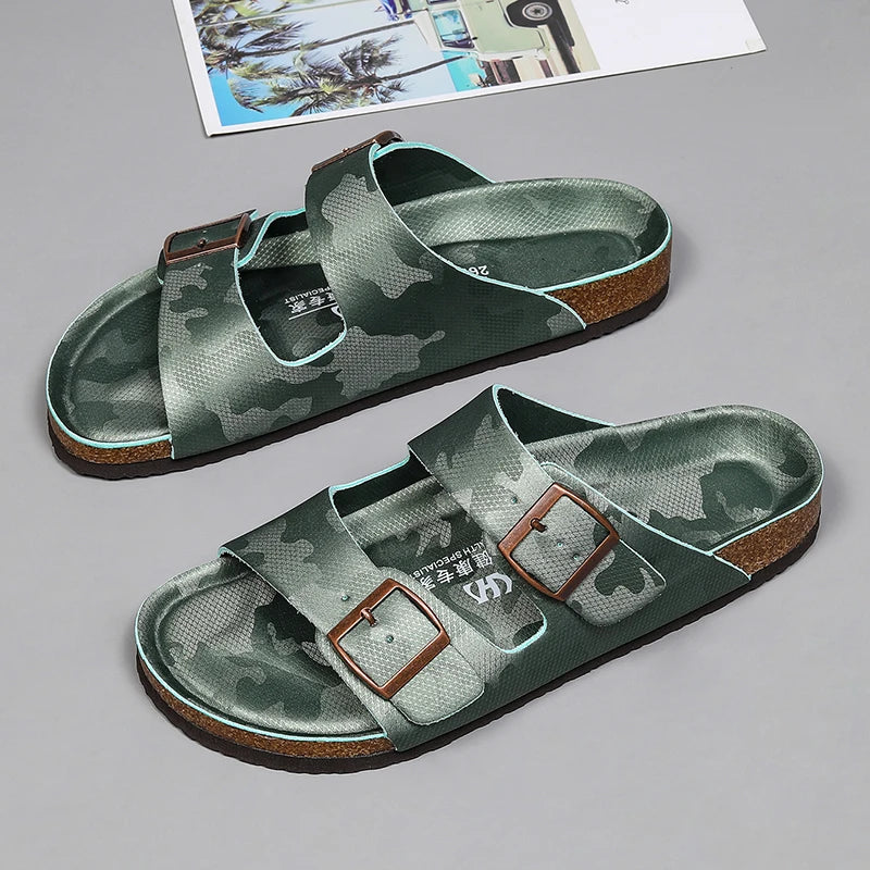 Summer Men Women Cork Slippers Clogs Microfiber Leather Slides Casual Slip On Sandal Double Buckle