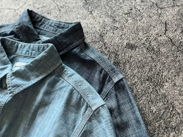 Japan Retro Bamboo Yarn Denim Casual Shirt Cool Hong Kong Style Long Sleeve Loose Spring Autumn 100% Cotton Washed Workwear Tops
