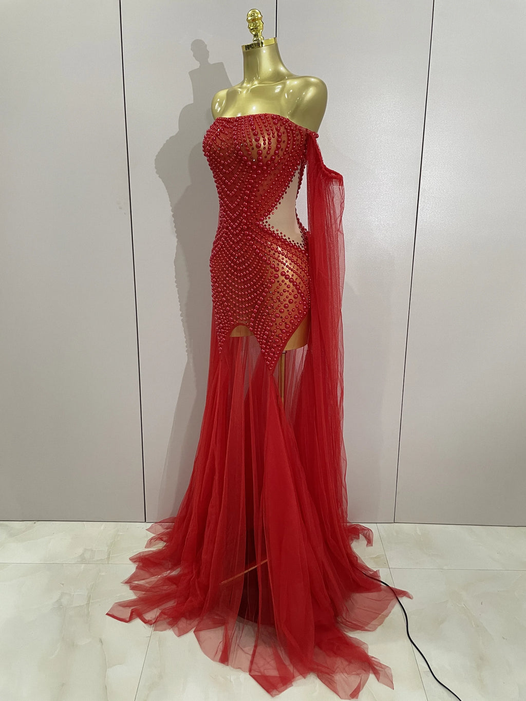 Elegant Sparkly Rhinestone White Pearl Sexy Strapless Mesh Long Dress Wedding Guest Gowns Luxury Birthday Evening Party Dress