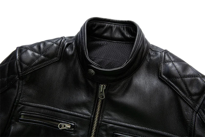 2025 New Top Layer Cowhide  Leather  Jacket Men Black Stand Collar Short Genuine Leather Coat High Quality  Motorcycle Jackets