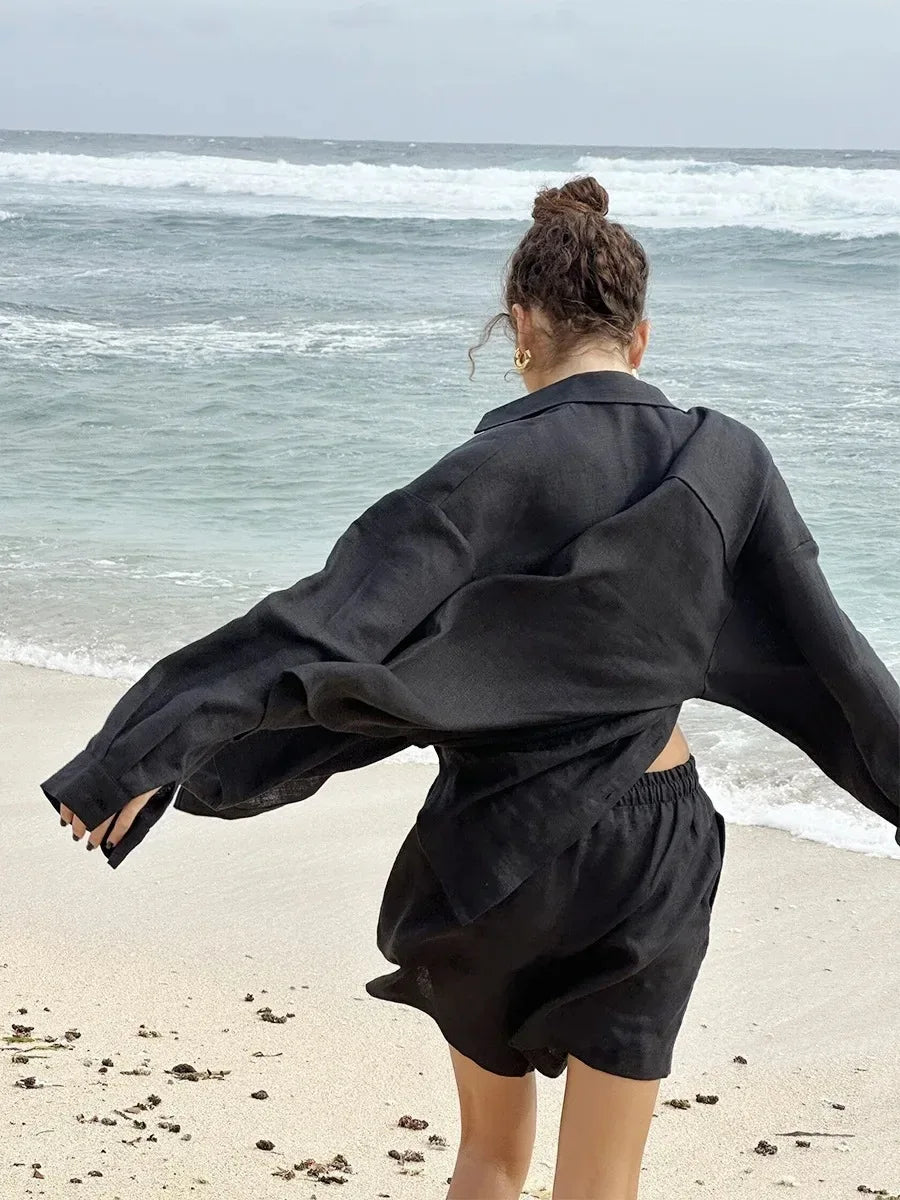 Women 2 Piece Shorts Set Casual Solid Loose Holiday Tracksuit Long Sleeve Cardigan And High Waist Female Shorts Sets 2025 Summer