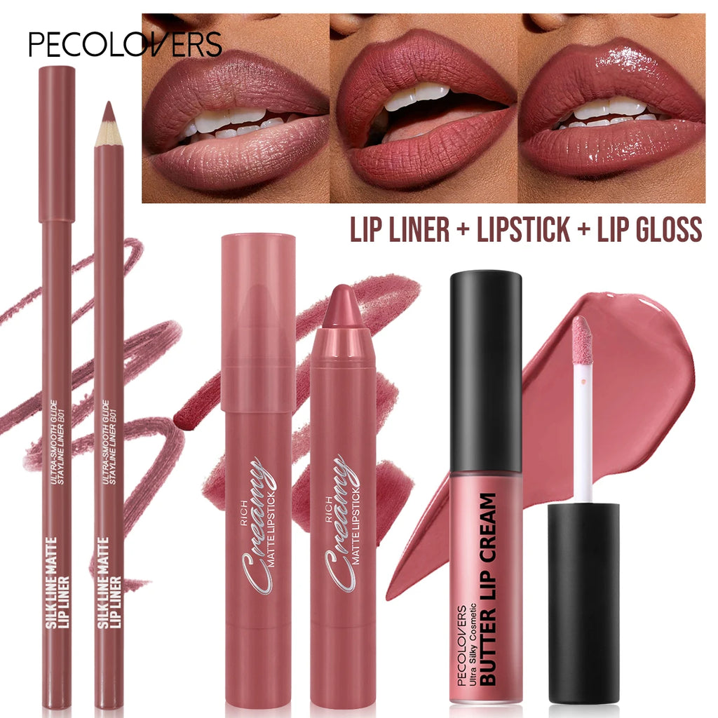 3PCS/SET Long-Lasting Non-Stick lipstick pen&Waterproof Lipliner Pencil & Long-Lasting   Lip Oil Lip Gloss,Beginner-Friendly