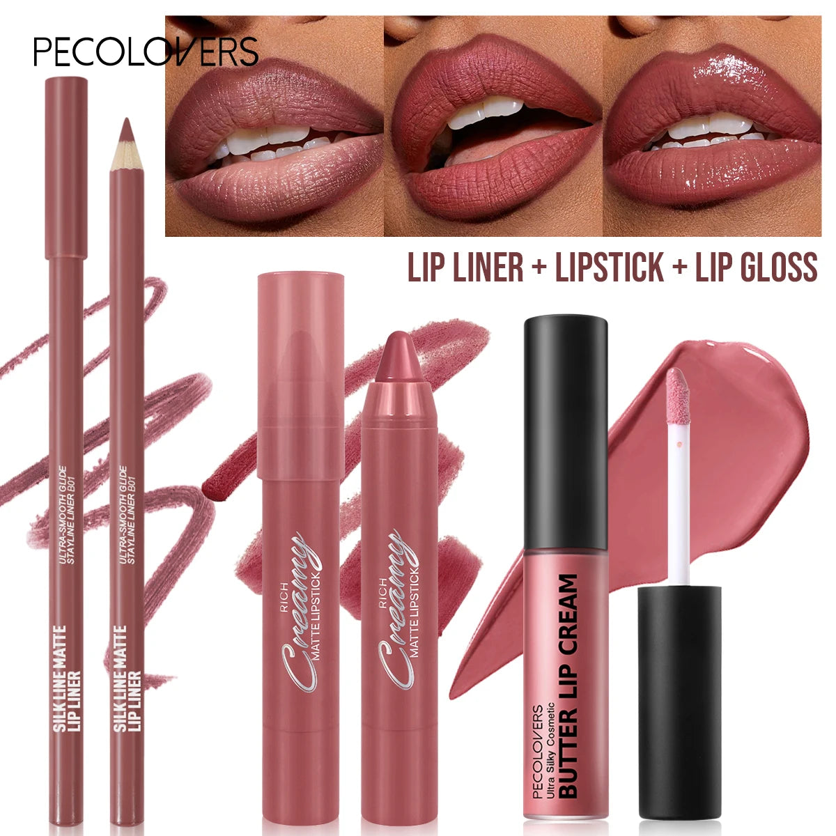 3PCS/SET Long-Lasting Non-Stick lipstick pen&Waterproof Lipliner Pencil & Long-Lasting   Lip Oil Lip Gloss,Beginner-Friendly