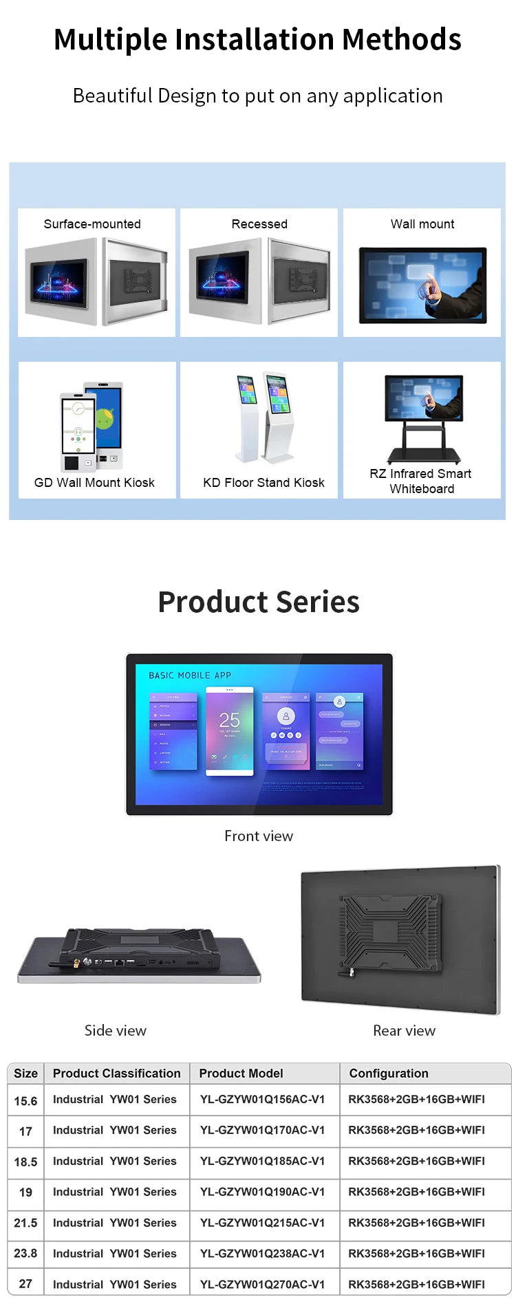 27-Inch 1000nits High Brightness LCD IP65 Waterproof Sun Readable Wall Mounted TFT Capacitive Touch Screen