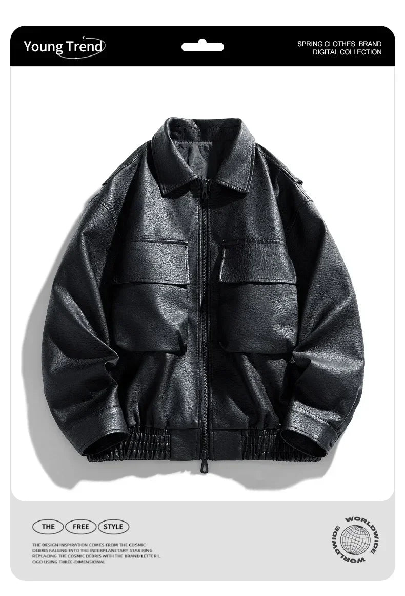 Men Trend Motorcycle Leather Jacket Bomber Pilot Retro Loose Pu Short Leather Jacket Autumn Winter New Lapel Big Pocket Coat