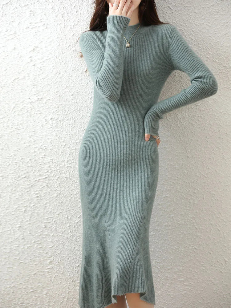 Cashmere Sweater Women's Knitted Dresses 100% Merino Wool O-Neck Elegant Party Dress Autumn Winter Female Pullover Casual Skirts