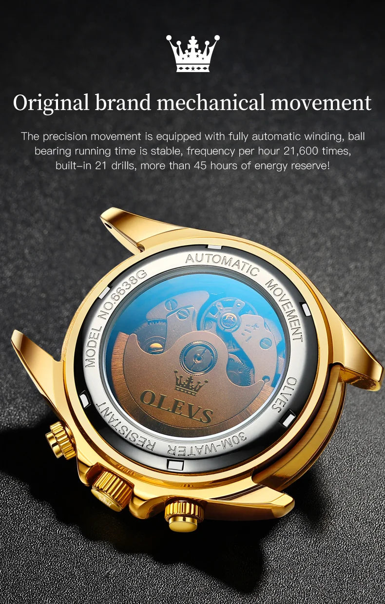 OLEVS 6638 Men Watch Classic Multifunctional Dial Waterproof Luminous Watches Fully Automatic Mechanical Male Wristwatch