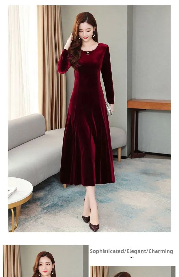 Elegant Long Velvet Dress Women's Autumn Winter New Style Knee-Length A-Line Skirt Polyester Fabric Regular Sleeve round Neck