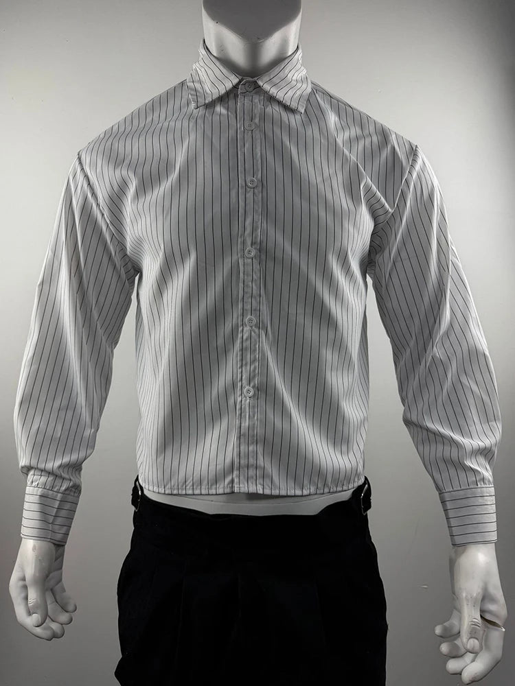 Trendy Long Sleeve Crop Shirts For Men's Spring Autumn Outdoor Casual Striped Printing Shirt Men Clothes Vintage Lapel Cardigan