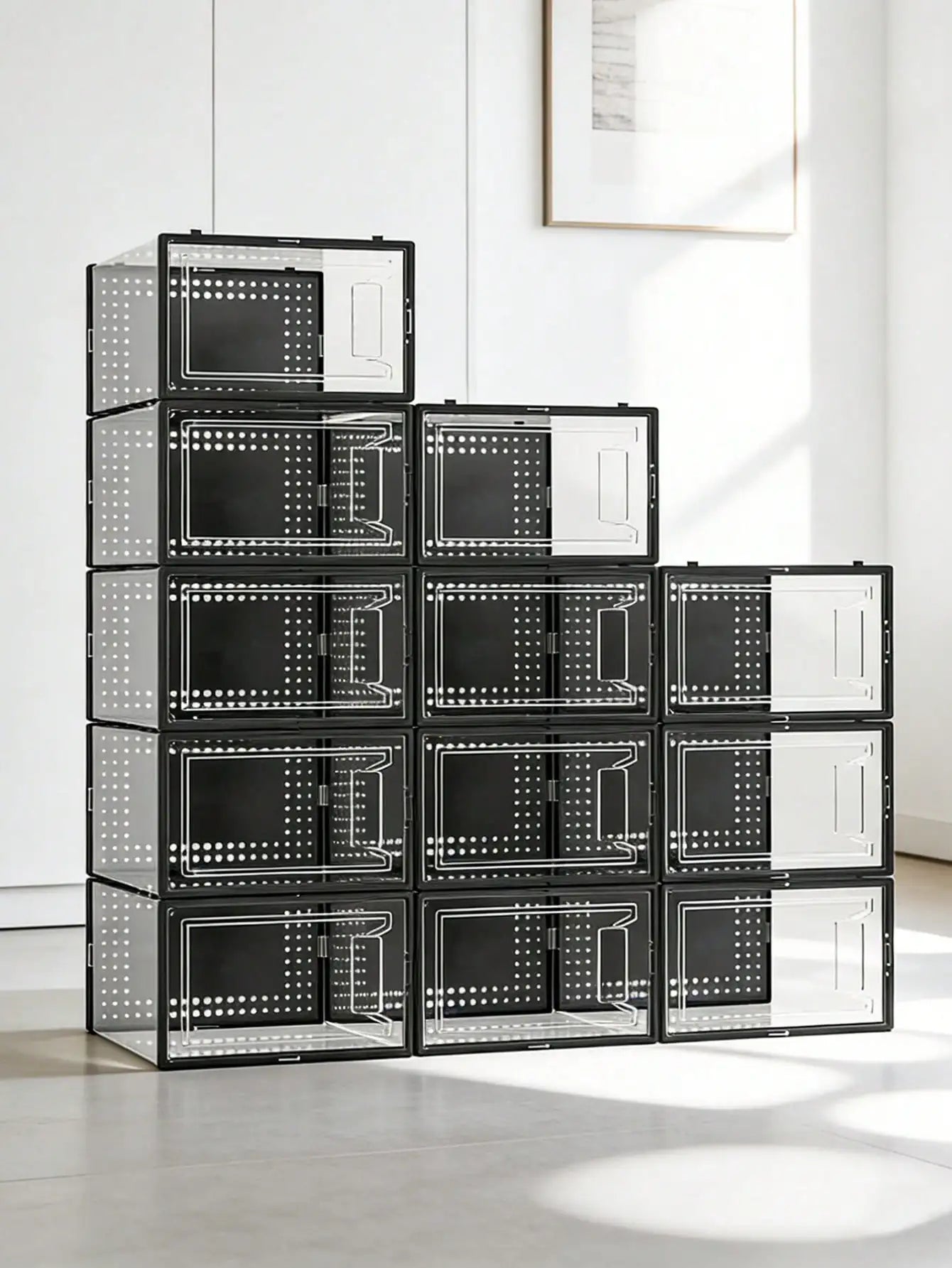 12 Pack Large Clear Plastic Stackable Shoe Storage Boxes with Lids, Modular Space Saving Sneaker Display Organizer Bins for Closet