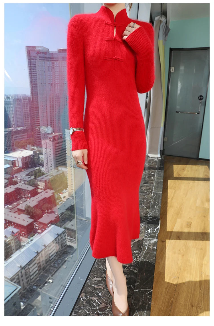 100% Mink Cashmere Knitted Dress Ladies Stand Collar Buckle Long Skirts Retro High Waist Over Knee Slim Dress New Thick Sweater