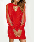 Sexy V Neck Mesh Lace Sleeve Dresses 2024 Spring Autumn Casual Loose Black Elegant Office Ladies Mini Dress