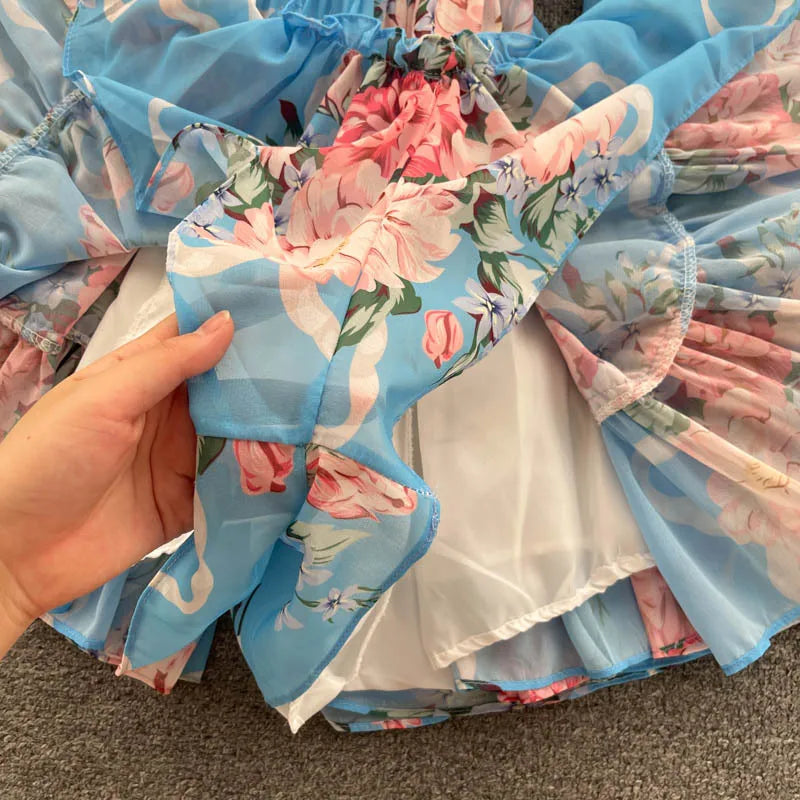 2025 New Retro Summer Beach Vacation Dress Women Sexy Strapless Lantern Sleeve Sweet Floral Jumpsuit Short Chiffon Print Dresses