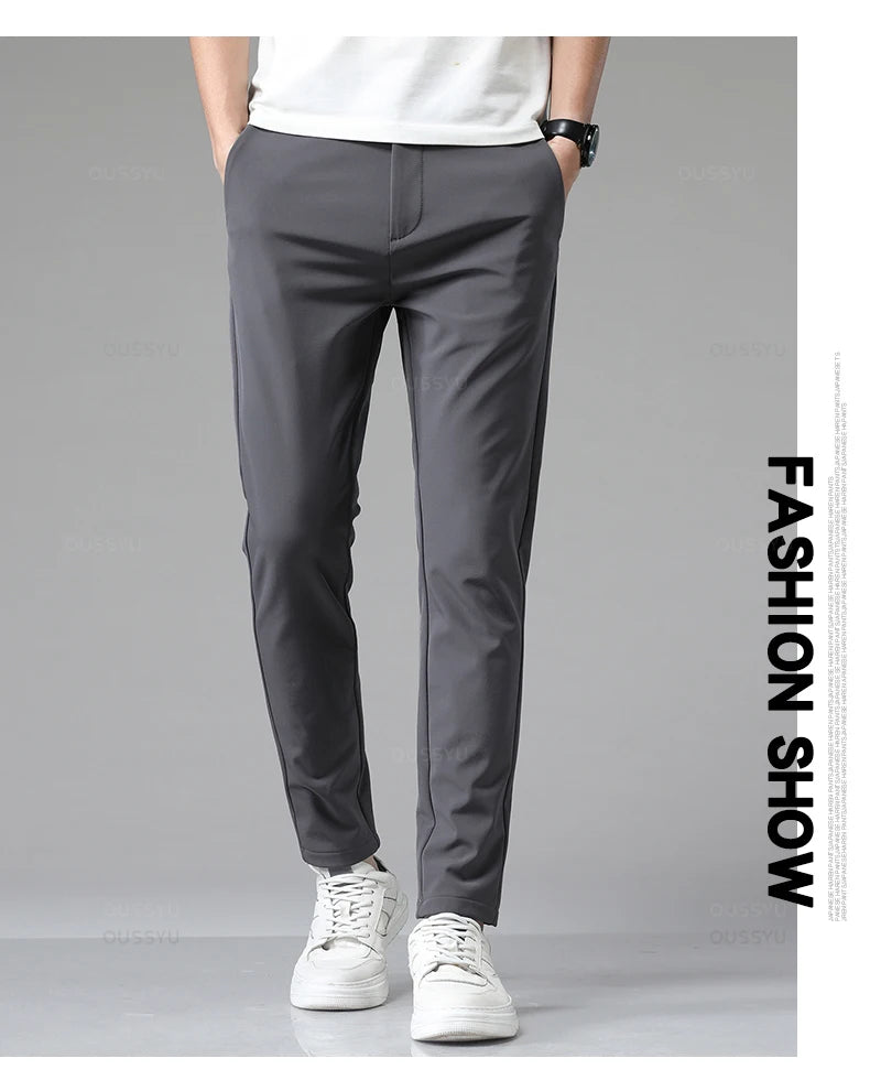 Autumn Winter Casual Pants Men Thick Business Stretch Slim Elastic Waist Jogger Korean Classic Black Gray Blue Trouser Male