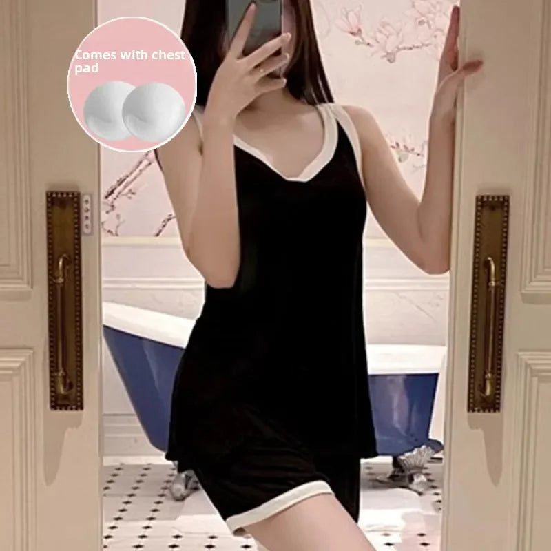 Women Sleeveless Summer Casual 2/pce Set Girls Spaghetti Strap Vest Shorts Outfit Lady Color Blocked Bra Pad Fashion Loungewear