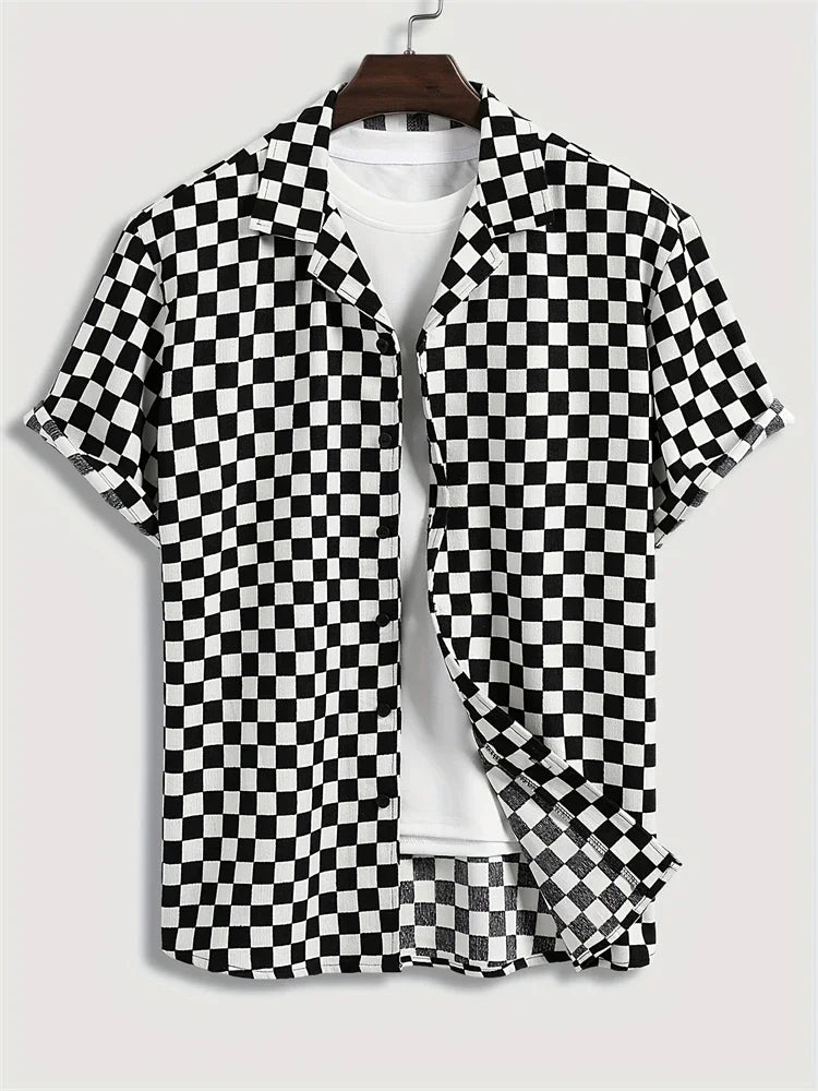 Hawaii Fashion Black And White Plaid Shirt Summer Simple Daily Men's And Women's Lapel Button Down Tops Oversized Cool Casual