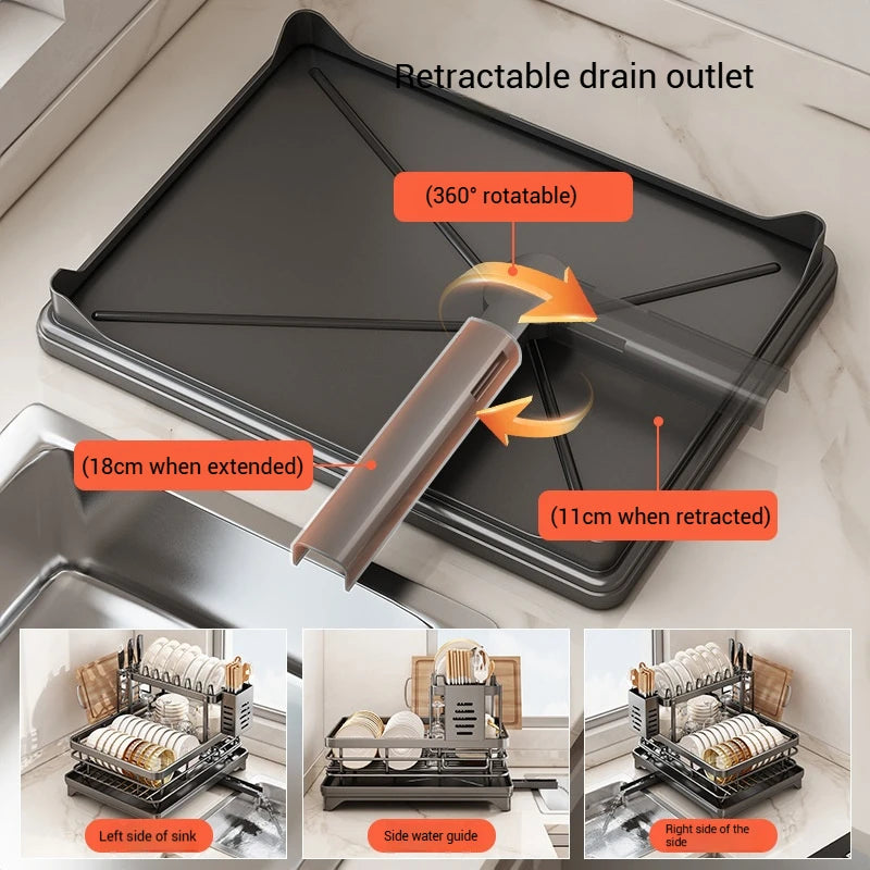 Dish Drying Rack Adjustable Kitchen Plates Organizer with Drainboard Over Sink Plate Drainer Storage Organizer
