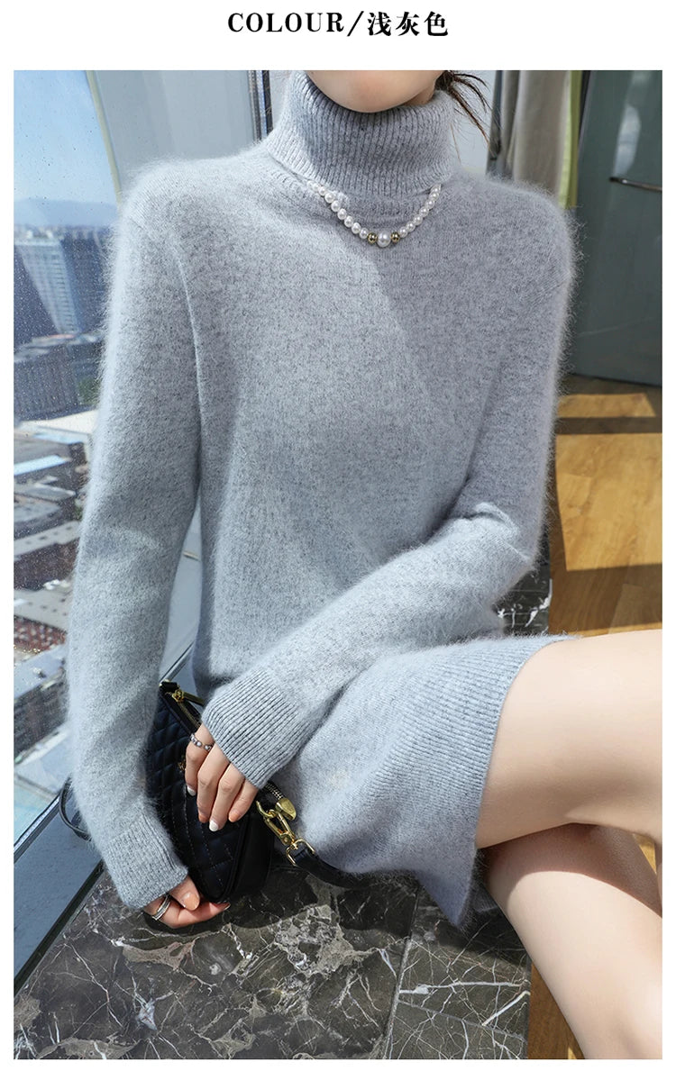 New Hot Selling 100% Mink Cashmere Knitted Women's High Neck Pullover Dress Sweater Slim Fit Solid Color Long Women's Dress