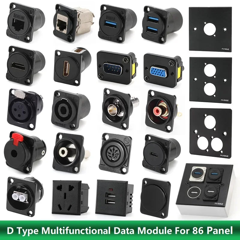 D-type Multifunctional Data Module 86 Panel audio video socket XLR VGA BNC RJ45 RJ11 Jack 3.5/6.35 RCA USB3.0 TypeC Connector